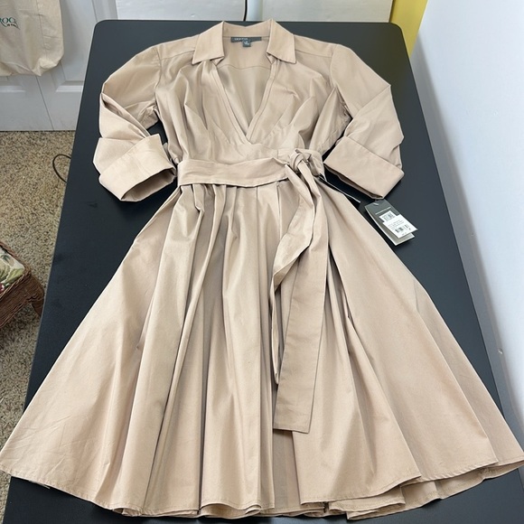 Vtg Donna Ricco Tan True Wrap Dress 8 V-Neck 3/4 Sleeves Full Pleated A-Line - Picture 12 of 12